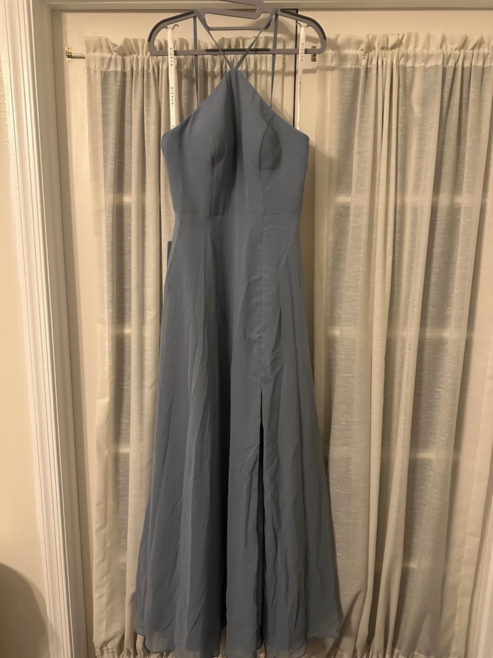 Azazie Halter A-Line Maxi Dress in Dusty Blue